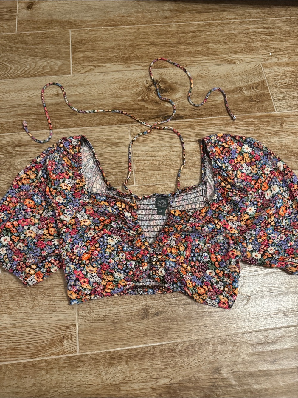 wild fable Multi-Color Floral Smocked Tie-Back Crop Top